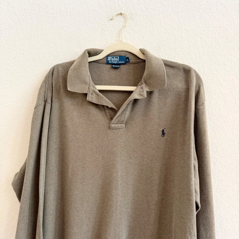 Polo Ralph Lauren Mens Long Sleeve‎ Polo Shirt Olive Green Cotton Size Large L